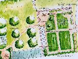 Entwurf für einen Ländlichen Garten mit Obstwiese in der Uckermark (Umnutzung eines denkmalgeschützten Getreidespeichers Mauergarten für Kräuter und Gemüse in einer Scheunenruine)